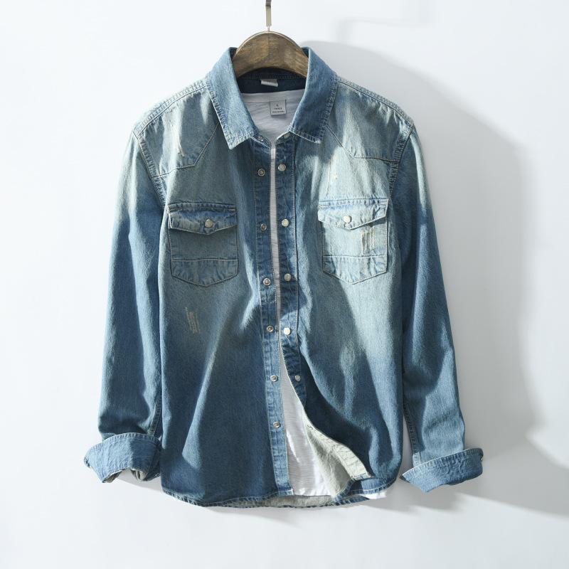 Мужская хлопчатобумажная рубашка с деревянной пряжкой, светло-синяя ...