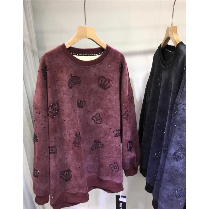 European Crown Hotfix Diamond Sweater - Plus Size, Velvet-Lined, Round Neck, Long Sleeve Luxury Top