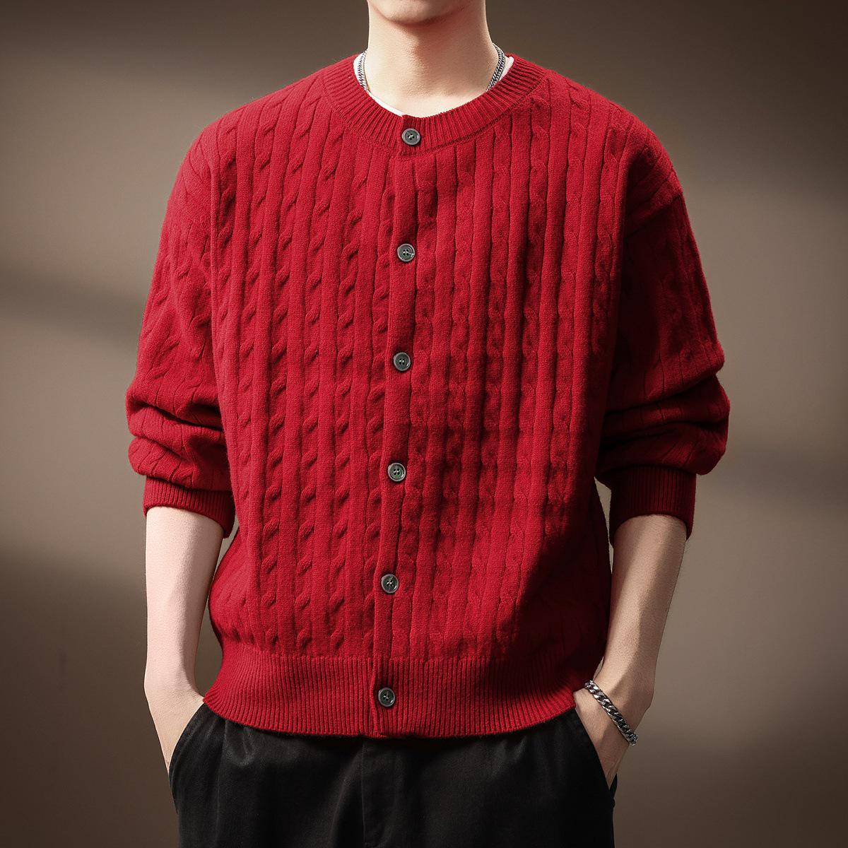 

Men s High-End Cable Knit Cardigan Sweater – Autumn Solid Color Versatile Knit Jacket 2XL for 80-90 kg