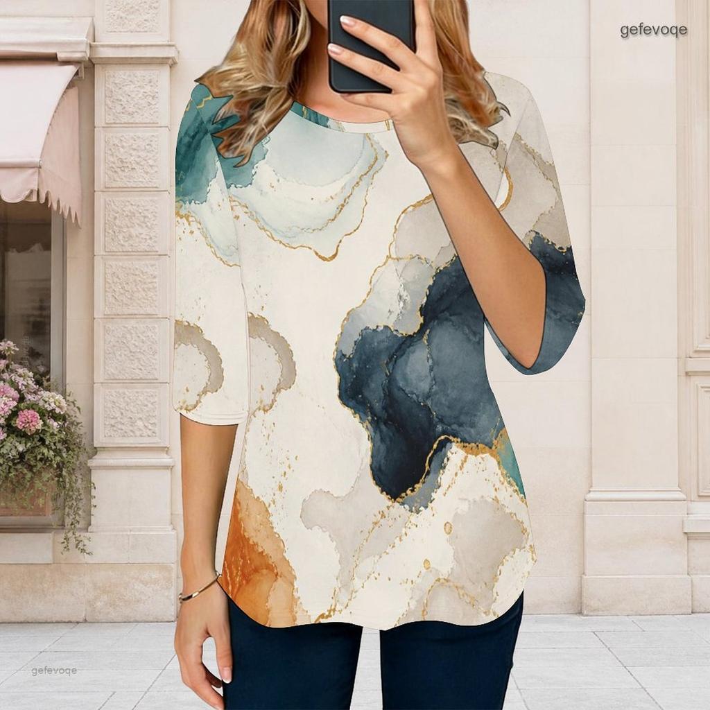 Women Plus Size Round Neck Half Sleeve Printed T Shirt Curved Hem