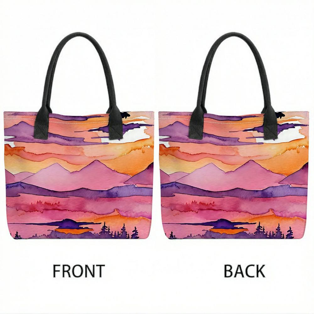 Watercolor Mountain Pattern Tote Bag Casual Large Capacity Shoulder Bag for Daily Use