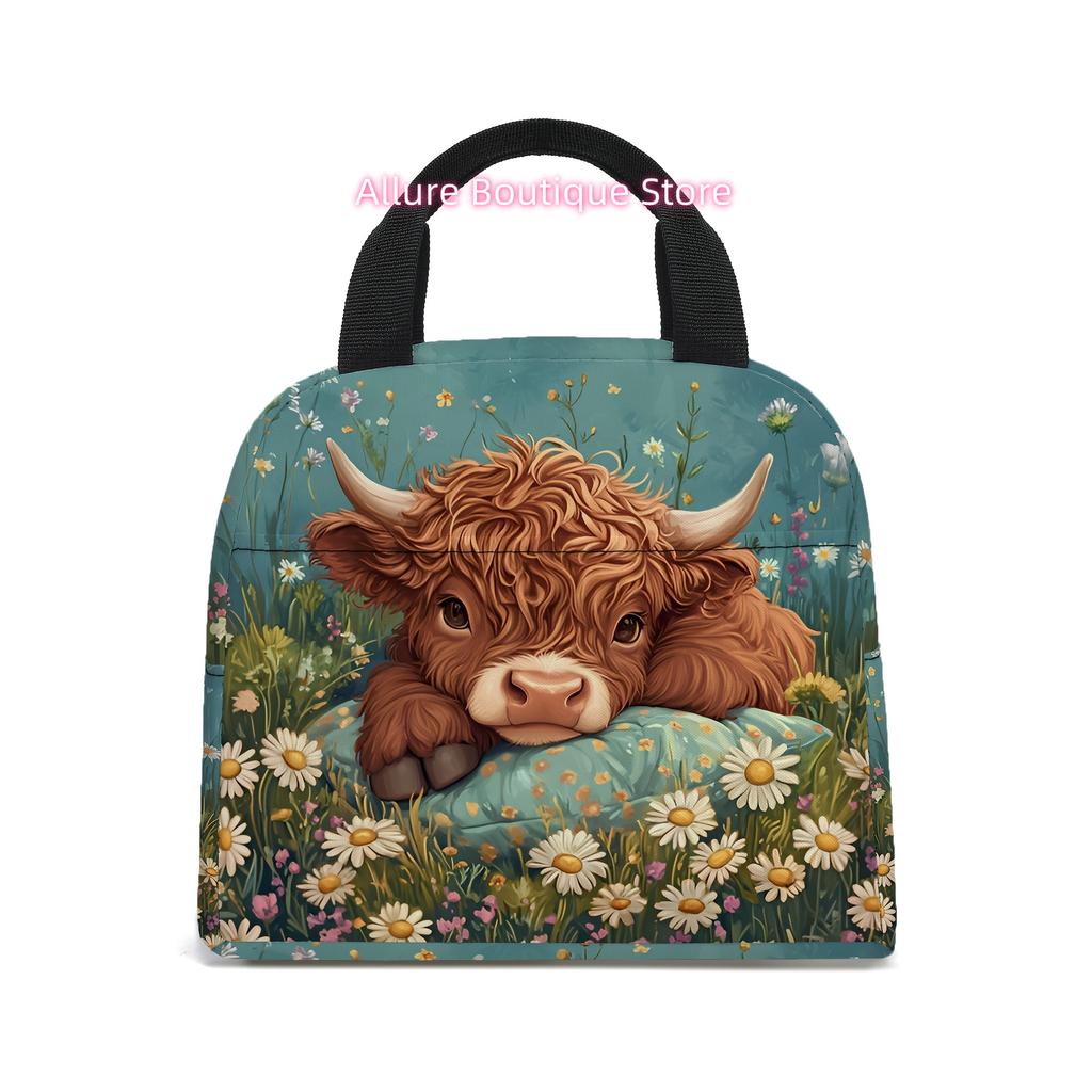 Insulated Highland Cow Print Lunch Bag with Ice Pack Compatible - Cute Scottish Cow Tote For,, & Picnics - Bag (Non-Food Contact