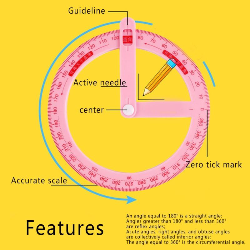 Cute Full Circle Goniasmometer Rotating Protractors Plastic for Boys Girls Students Stationery Office School Supplies