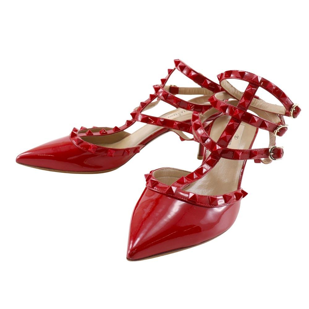 VALENTINO GARAVANI Rock studs pumps ankle stripe Red Patent leather Women Used