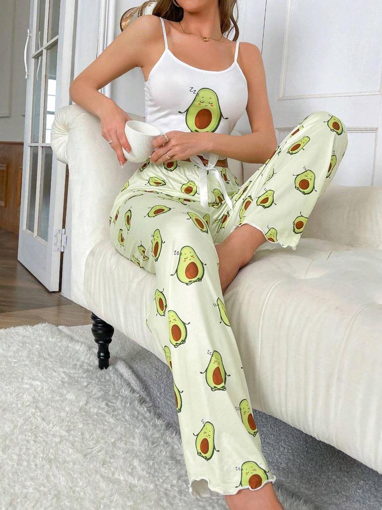 Ruffle Hem Printed Camisole & Long Pants Set - Women's Sexy, Comfortable Home Wear Pajamas