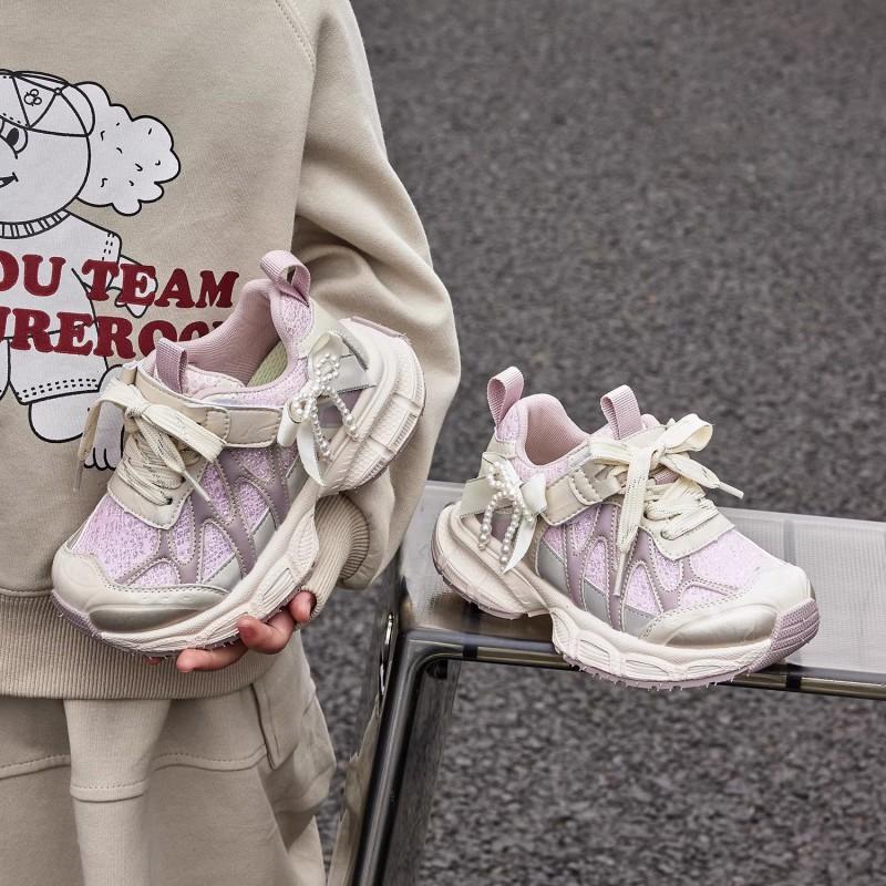 Youth Style Shoes Girls Chunky Sneakers Breathable Mesh Upper Rubber Sole Velcro Fall Casual Sport Shoes