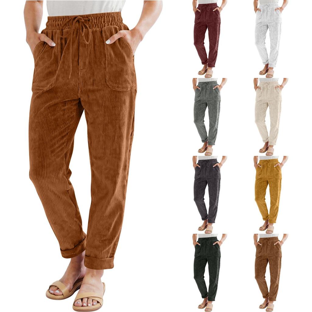 Corduroy Pants For Women Casual Drawstring Elastic High Waist Straight Leg Pants Loose Comfy Trousers With Pockets