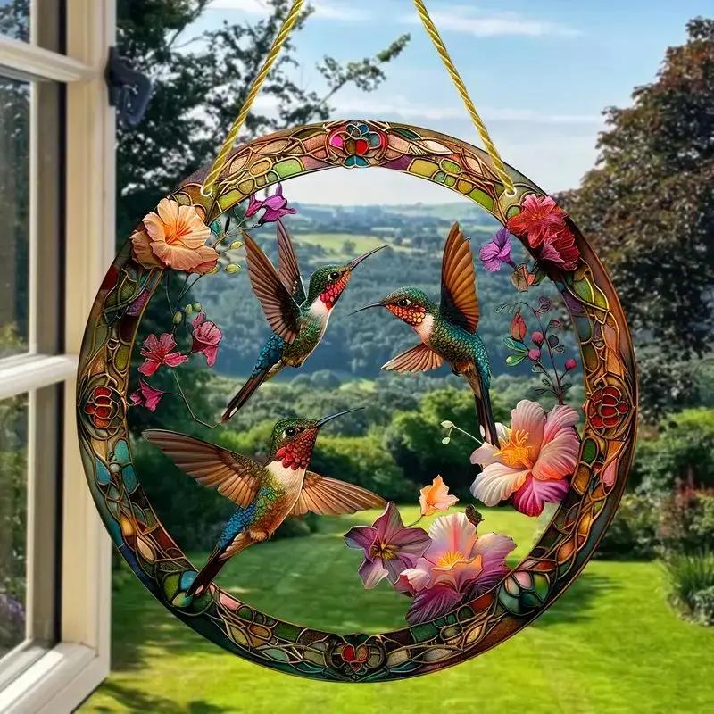 NEW Acrylic Painted Hummingbird Pendant Bird Floral Pattern Suncatcher Round Wreath Porch Window Outdoor Patio Hanging Ornaments