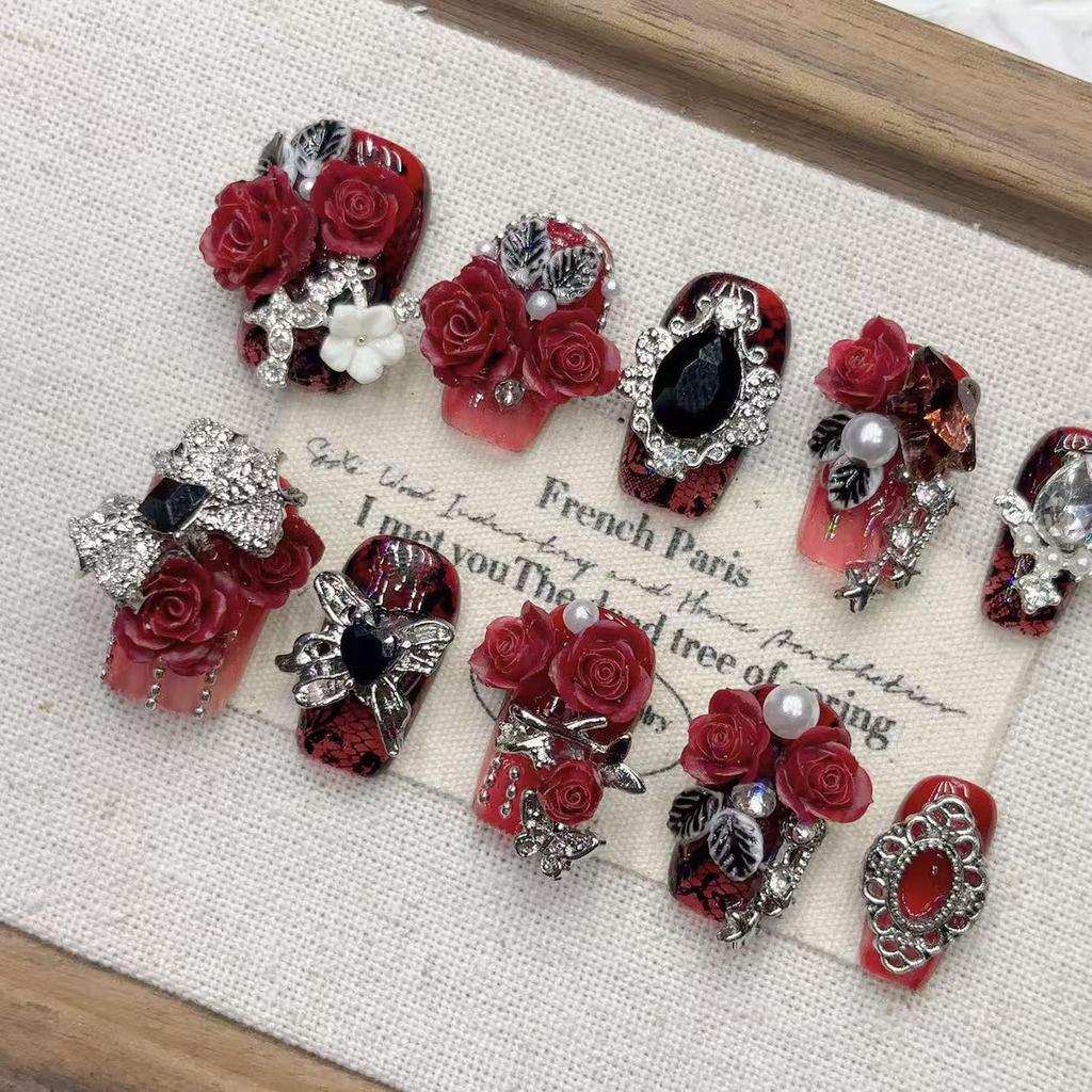 Red Gothic Almond Short Handmade Diamond Nail Set