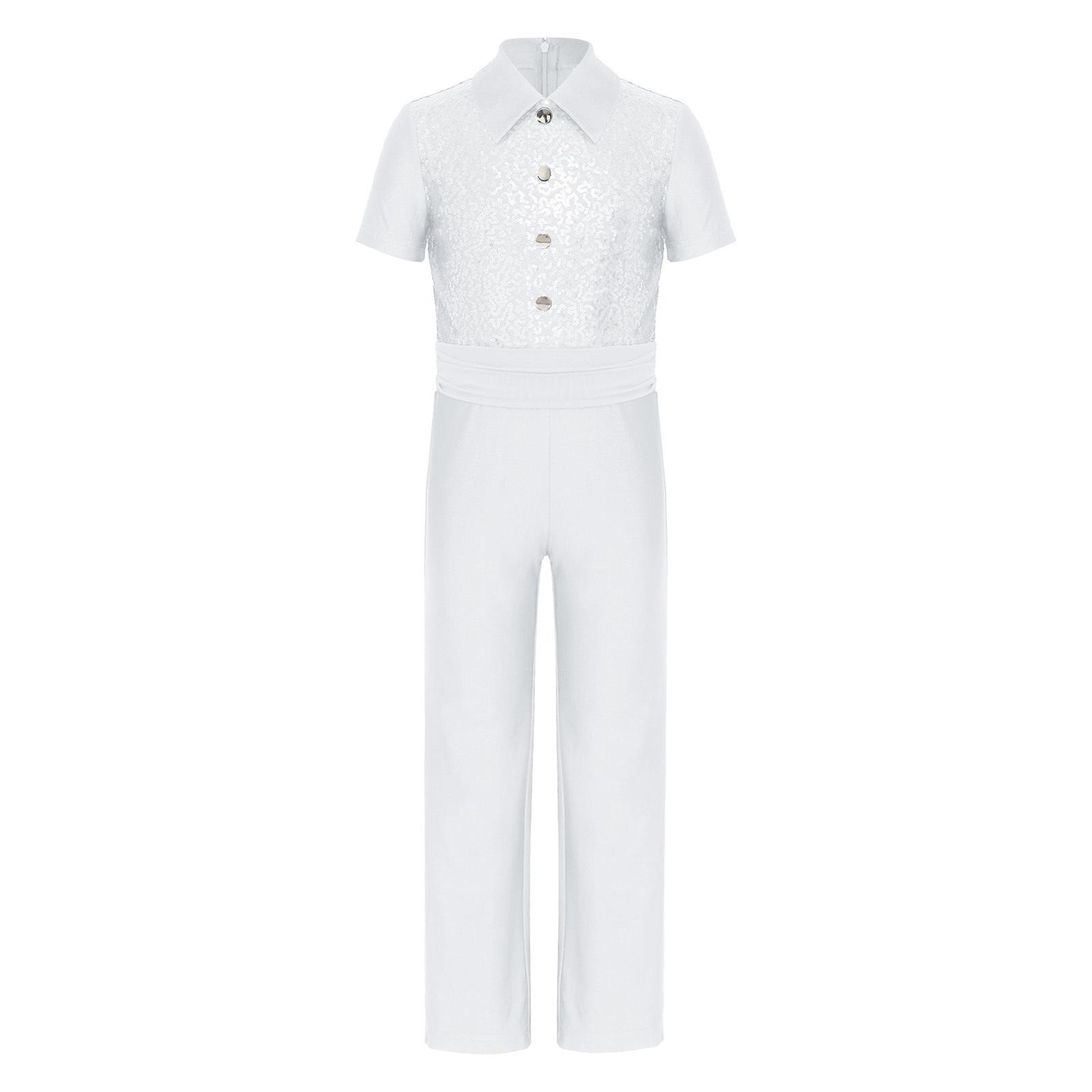 

Boys Turn Down Collar Short Sleeve Sparkle Sequins Buttons Decor Leotard Long Pants Bodysuit 5-6 Years білий