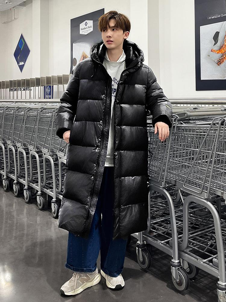 Black and Gold Long Over-the-knee Eight-lattice Down Jacket for Men and Women with Hood and Velvet Thickened White Goose Down Jacket