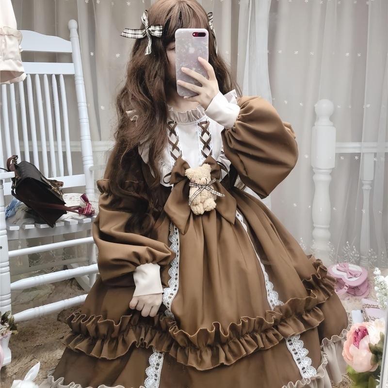 Girl's New Long Sleeve Lolita Skirt Cute Loli Student Lolita Skirt Soft Girl Princess Dress