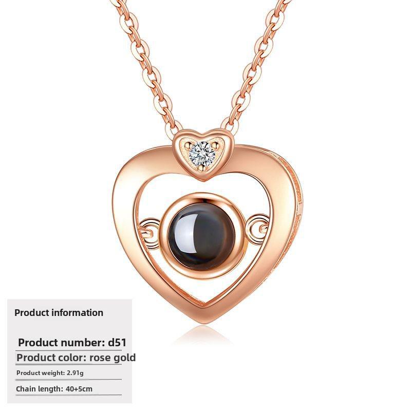 S925 Silver Peach Heart Projection Necklace 'I Love You' in 100 Languages