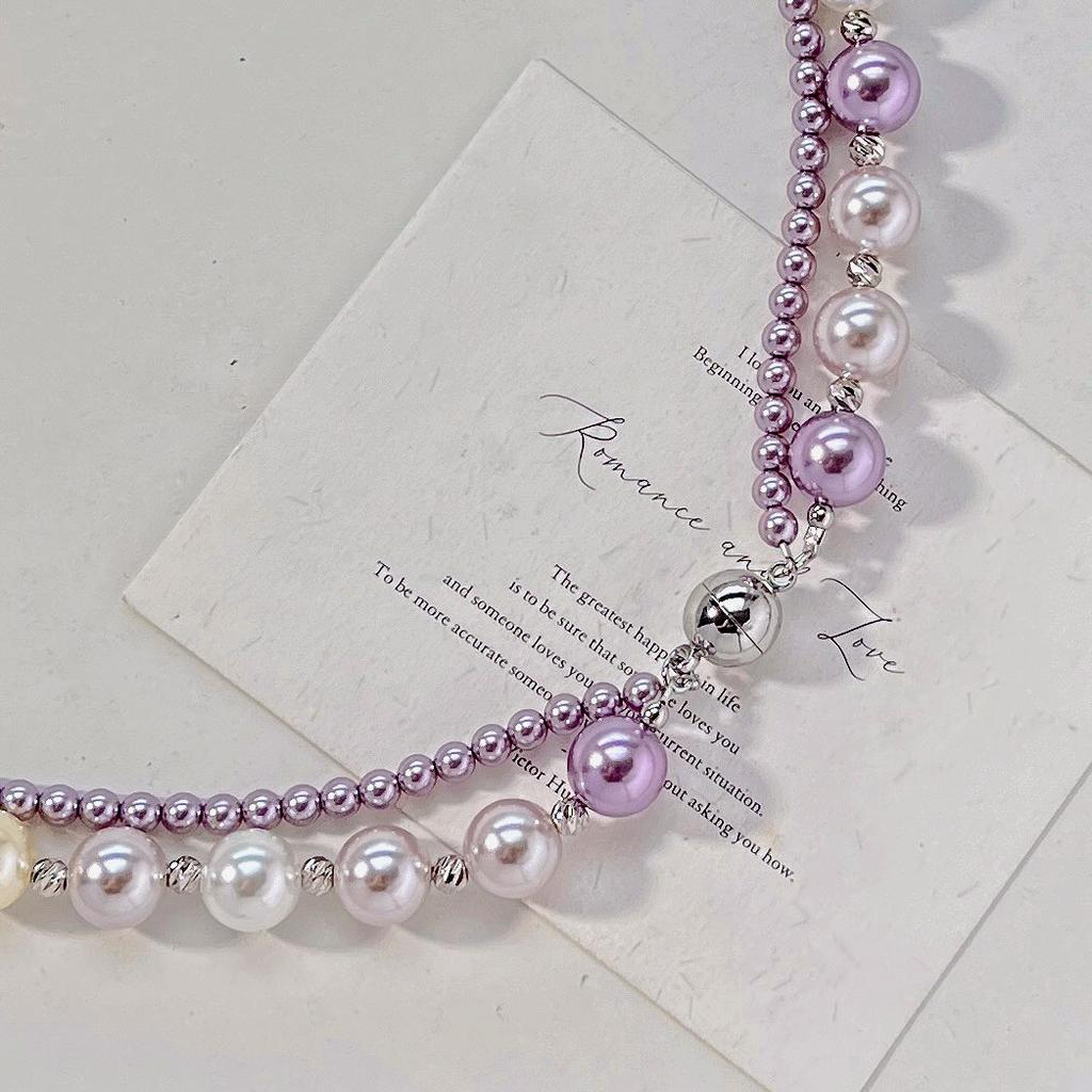 10mm Style Taro Purple Mixed Color Shijia Pearl Double-layer Design Sweater Chain Necklace Collarbone Chain