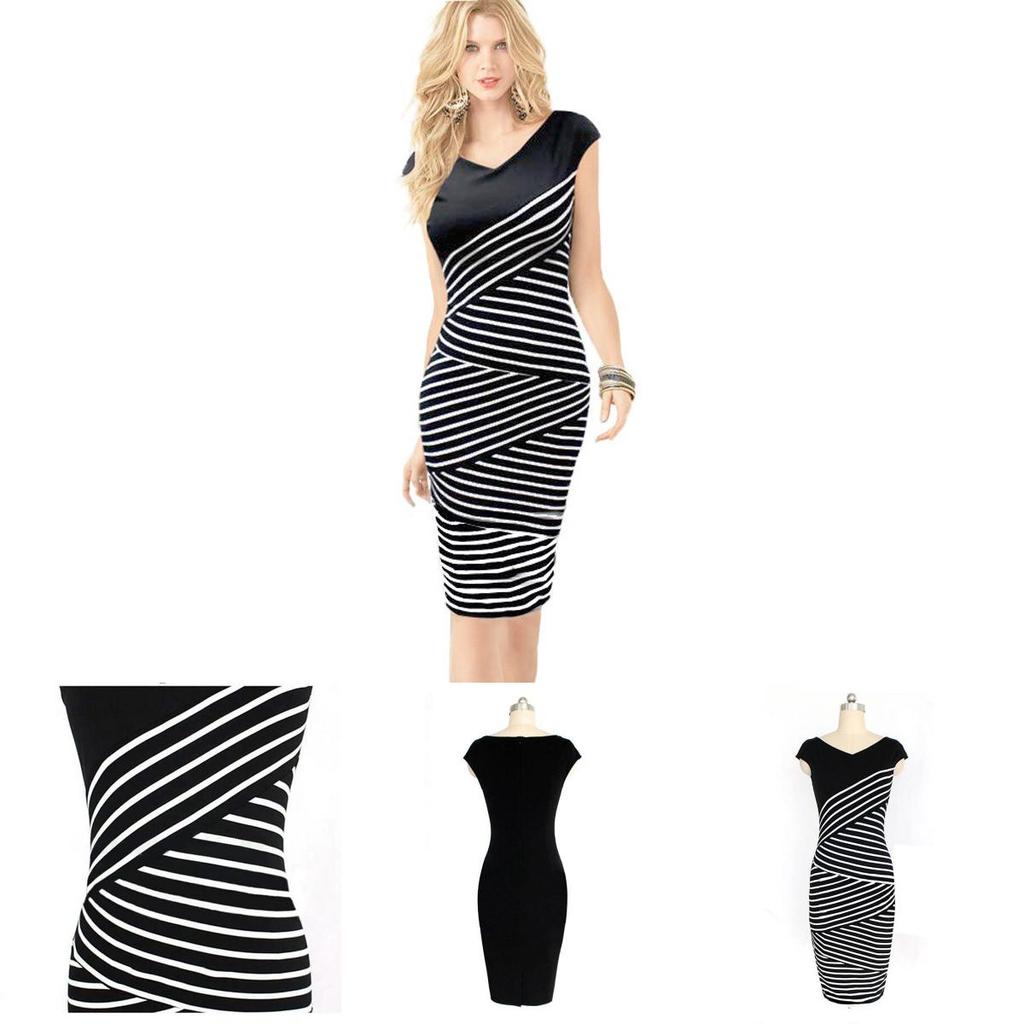 Womens Elegant Summer V Neck Stripe Bodycon Pencil Dress Perfect For Office And Party Wear