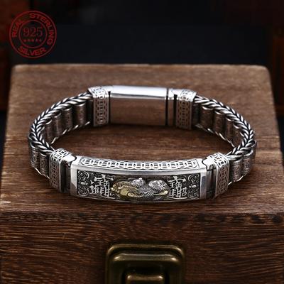 Preço de Fábrica Prata S925 Retro Pixiu da Sorte Pulseira Masculina Estilo Grosso Dominador Tendência Joias de Personalidade Presente
