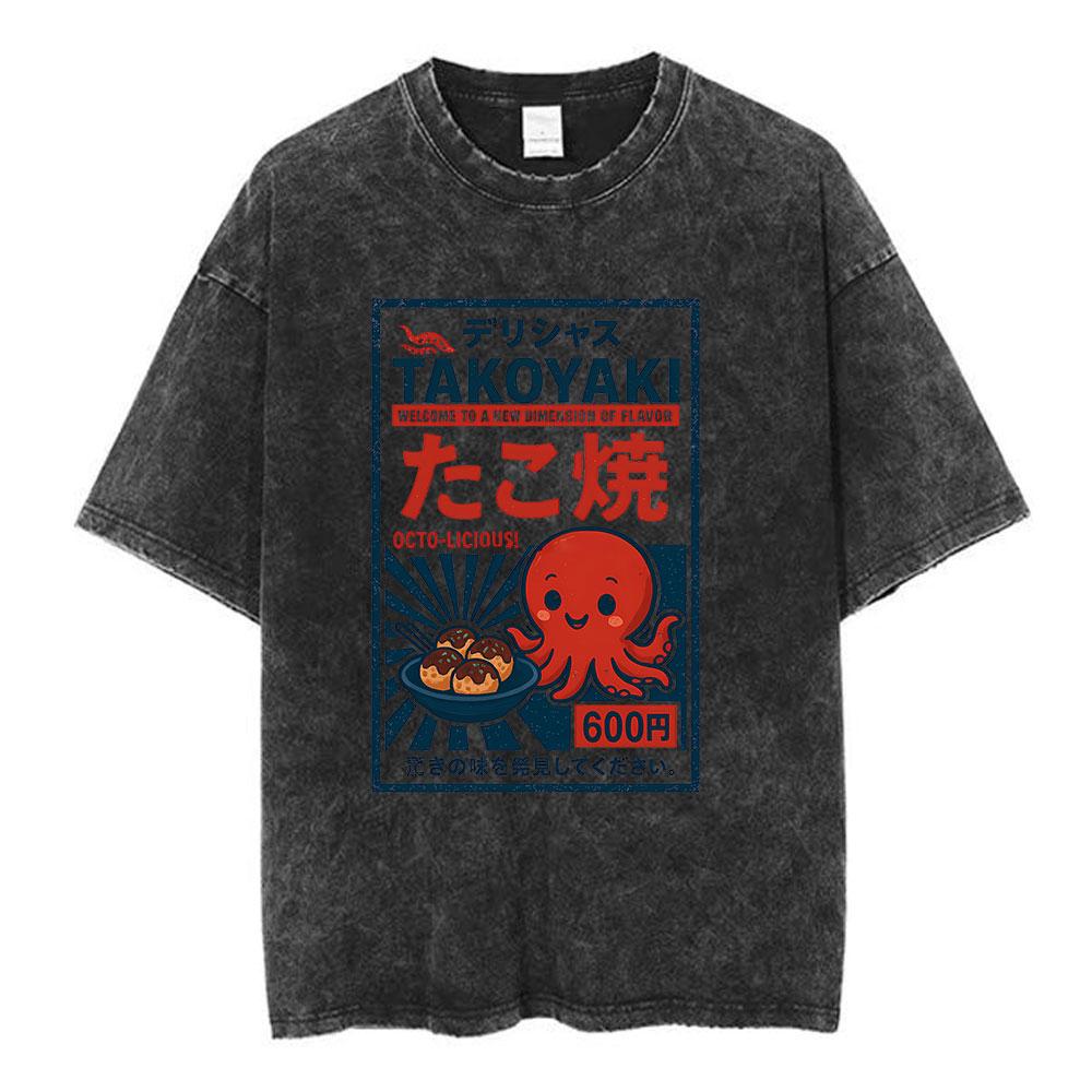 Vintage Washed Osaka Dotonbori Drunken Octopus Takoyaki Funny T Shirts Men Women Retro Japanese Style Oversized Cotton TShirts