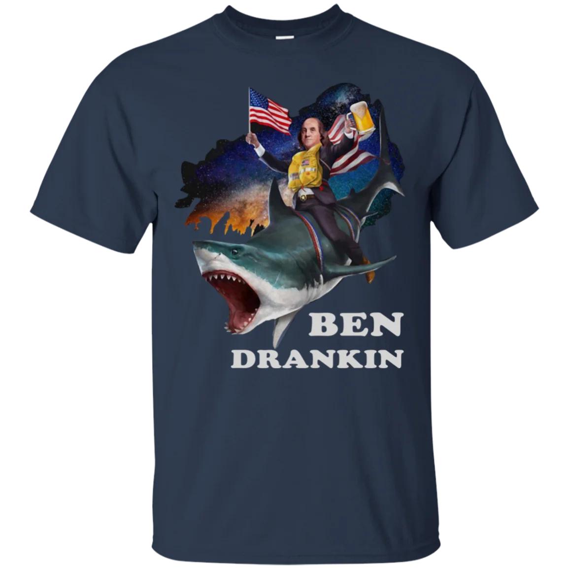

4th of July Beer Drinking American Flag Shark Ben Drankin TShirt 100 Cotton ONeck Short Sleeve Casual Mens Tshirt Size S3XL 4XL