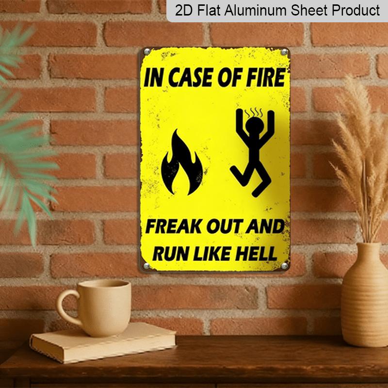 2D Flat - 1pc Vintage "Freak Out and Run Like Hell" Metal Sign - 8x12 Inches, Yellow with Black Text & Fiery Design, Retro Wall Decor for Home, Bar