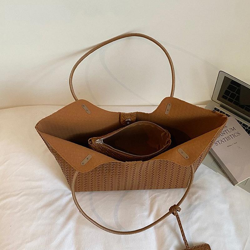 Vintage Woven Leather Tote Bag With Matching Pouch Large Capacity Shoulder Bag For Work Daily Commute Retro Casual Underarm Bag