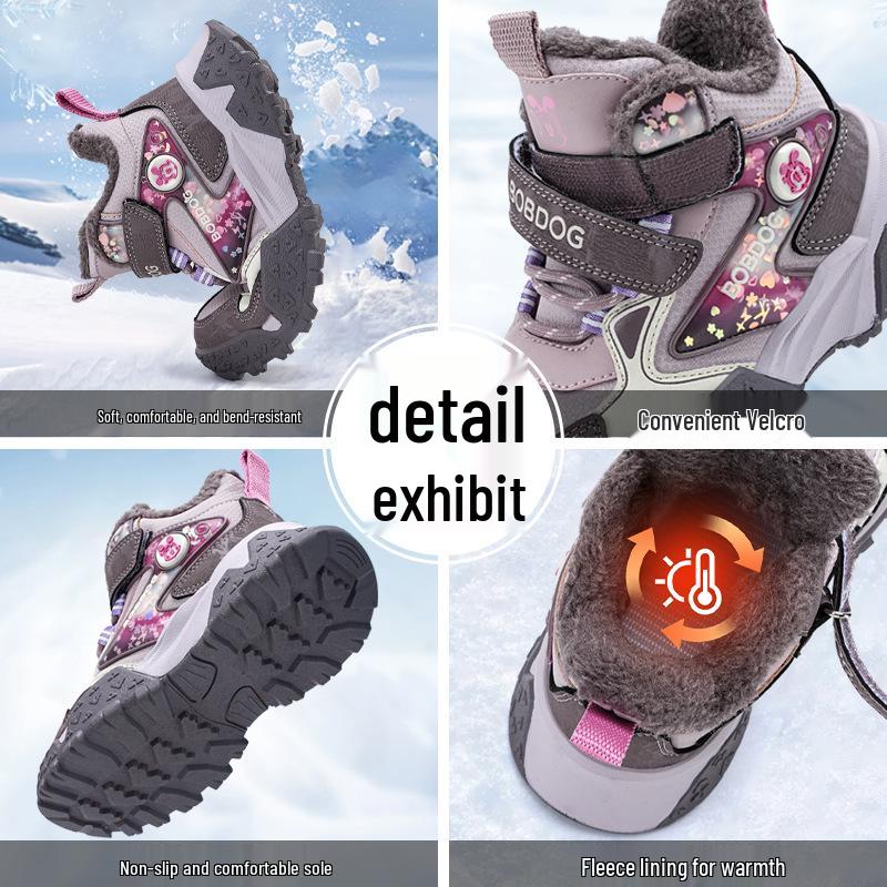 Girls' High-Top Waterproof Winter Snow Boots with Velvet Lining and Leather Surface