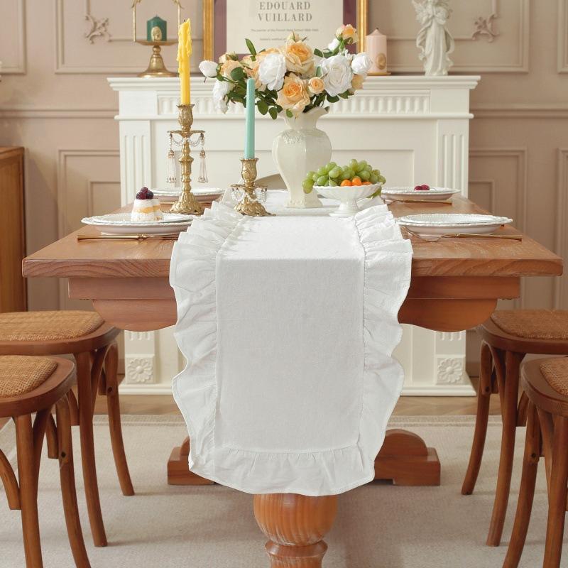 Solid Color Ruffled Rectangular Tablerunner Cute Simple Durable for Christmas Vacation Birthday Party Wedding Table Decoration