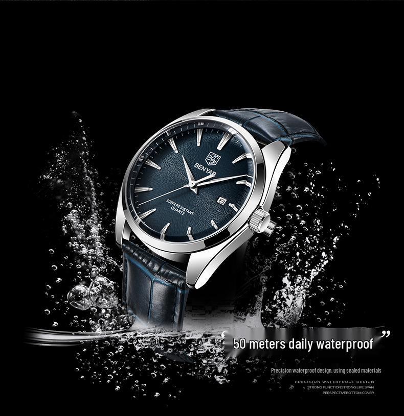 Binyan Men's Fashion Quartz Genuine Leather Waterproof Watch 5163