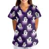 Women's Halloween Printed V-Neck Short Sleeve Scrub Top with Pockets Loose Fit