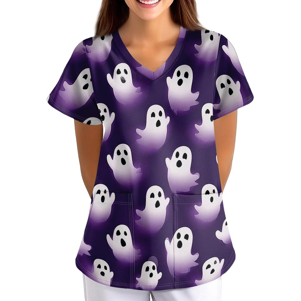 Women's Halloween Printed V-Neck Short Sleeve Scrub Top with Pockets Loose Fit