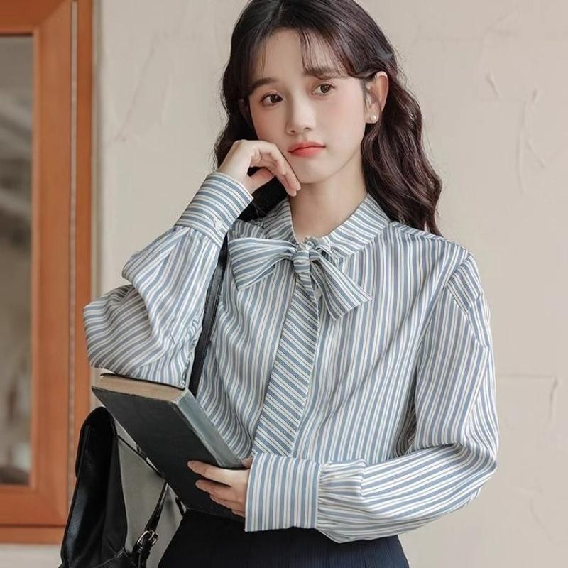 Ladies' Striped Shirt Women's Bow Tie Round Neck Long Sleeved Blouse Spring New Version Korean Style Loose Versatile Casual Top