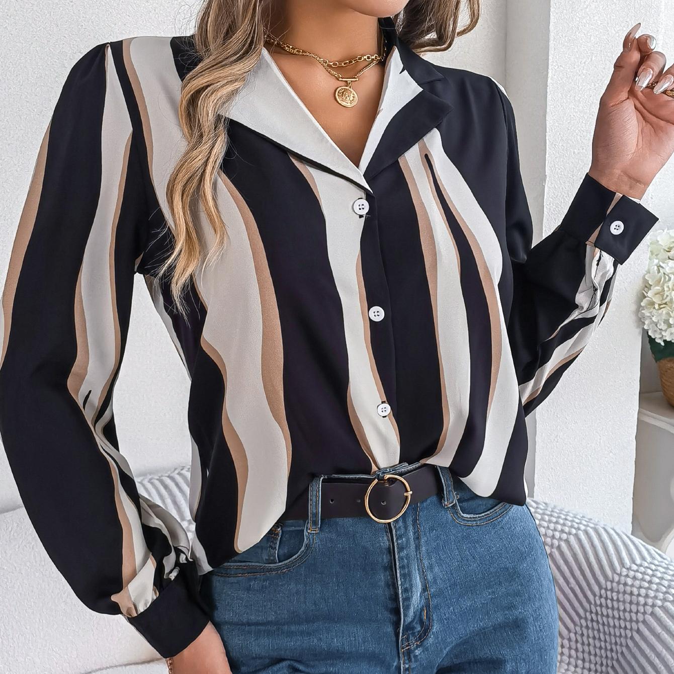 

GMXIA Женский модный повседневный летний костюм с длинными рукавами, блузки с воротником и рубашки всех видов контрастных цветов и полосок L чёрный