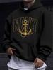 American/European Style Unisex Autumn/Winter Printed Hooded Long-Sleeve Sweatshirt, Navy Anchor Badge Print Hooded Sweatshirt, Navy-Inspired Vintage T