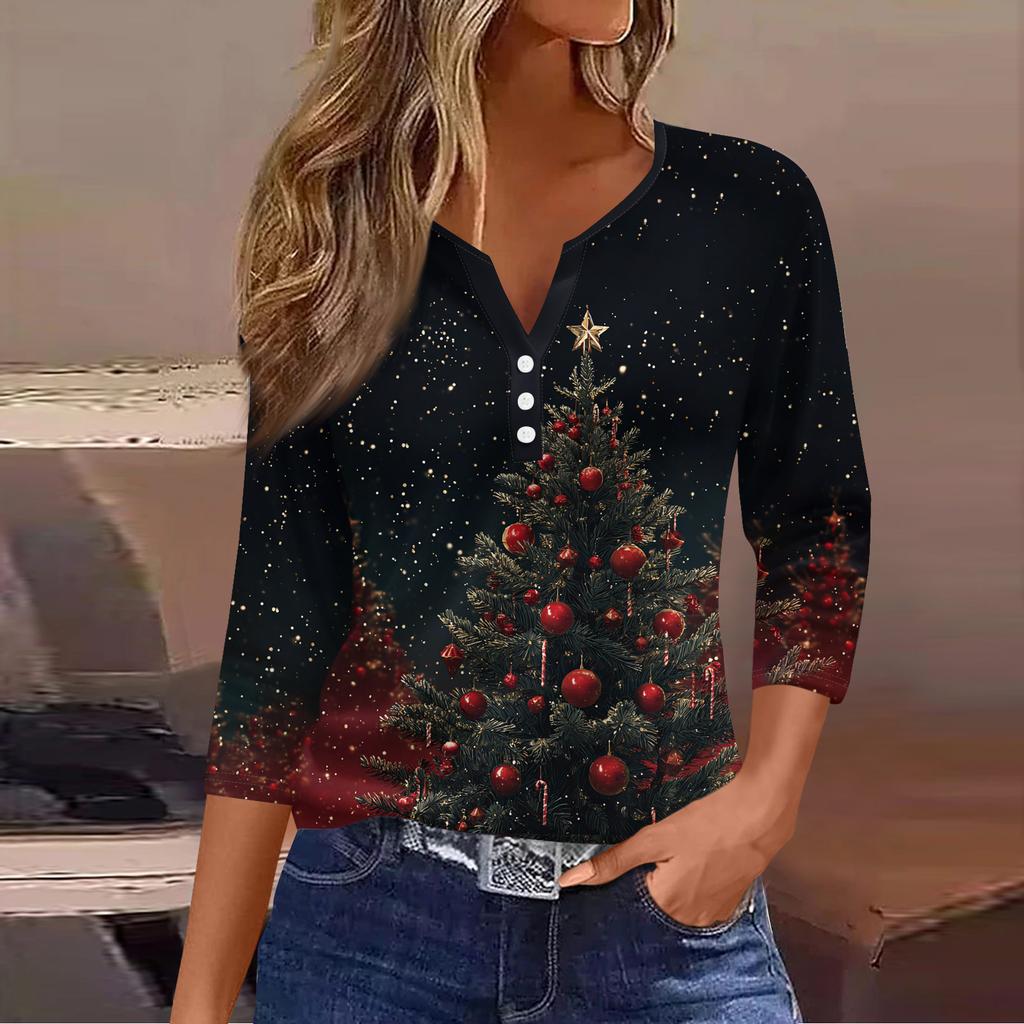 Maglietta Top da Donna Moda Casual Stampa Albero di Natale Scollo a V Bottone Decorativo Manica a Tre Quarti