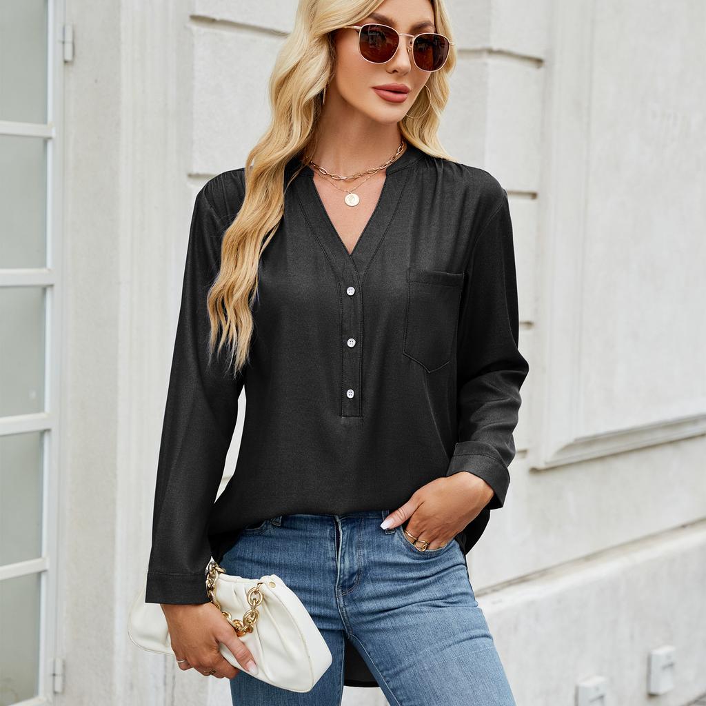 YYFS Women's Fashion Casual Spring Autumn Solid Color Print Long Sleeve V-Neck Blouses & Shirts