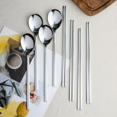 Simple Line Adult Cutlery Set, 4 Sets, Spoon + Chopsticks, Korean Popular Tableware