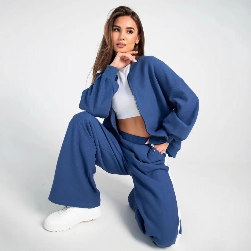 Women's Autumn 2-Piece Sportswear Set - Casual Long Sleeve Zip-Up Baseball Jacket & Solid Color Trousers