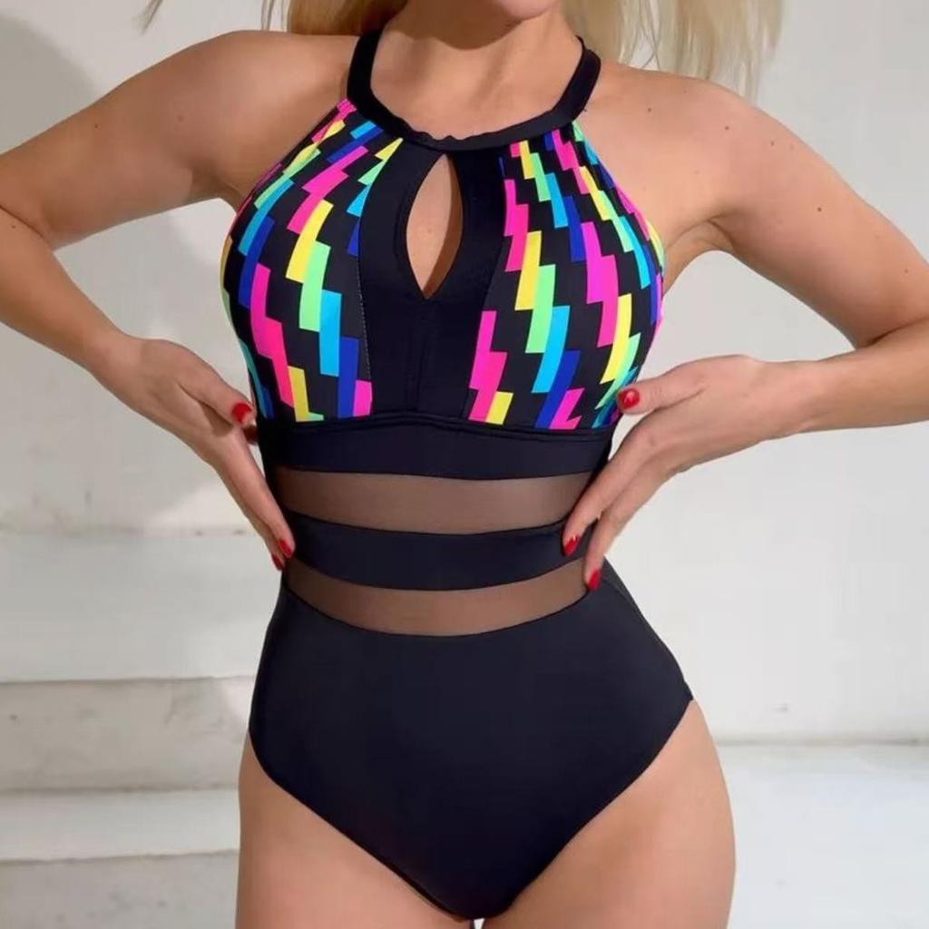 Women's Sexy And Fashionable High-neck Halterneck Striped One-piece Bikini Swimsuit