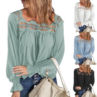 Vintage Elegant Solid Slim Loose Shirt Women Tops Hollow Out Lace Square Collar Long Sleeve Blouse Women Fashion Plus Size Lady White Shirts 25791