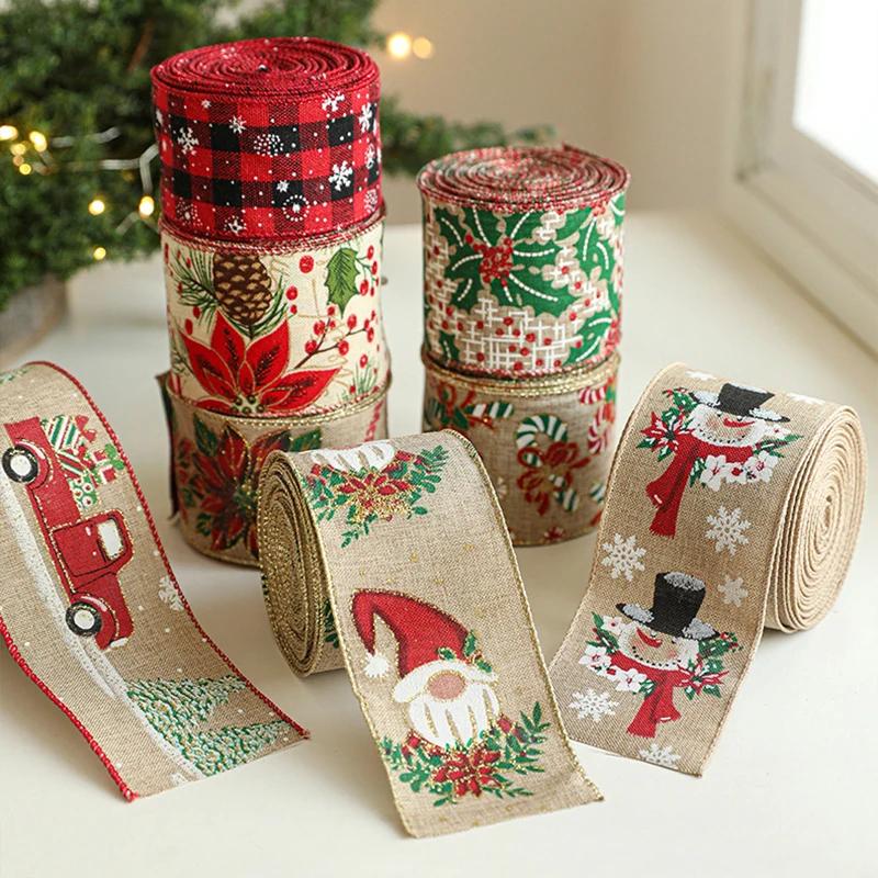 1Roll Imitation Hemp Ribbon Christmas Tree Ribbons Xmas Wreath Garland Bowknot Ribbon Roll Linen Lattice Ribbon Noel Navidad
