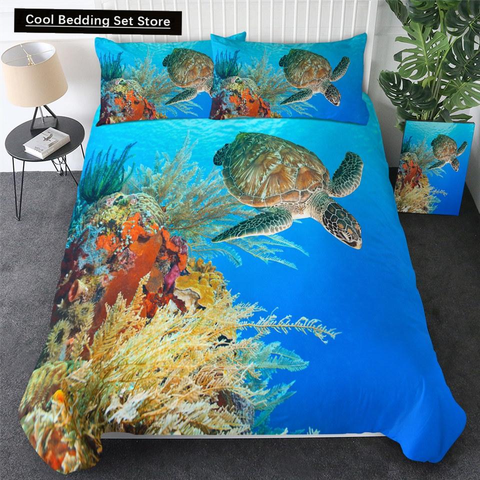 Sea Turtle Duvet Cover Set Pillow Cases Ocean Animal Turtle Bedding Set Queen King Kids Home Textiles Map Coral Soft Quilt Cover