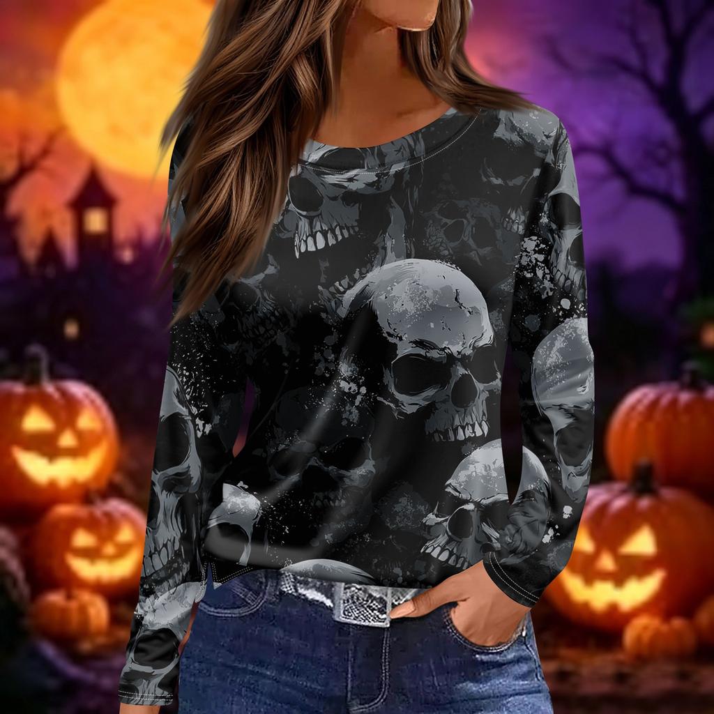 Women's Fashion Print Long Sleeve Top with Round Neck and Side Slits