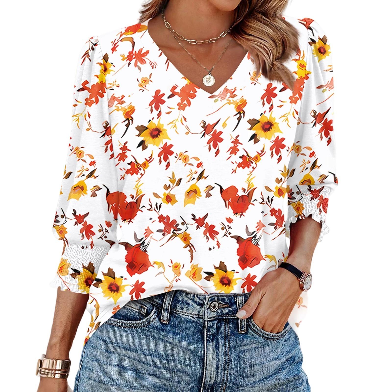 

3/4 Sleeve Tops For Women T-Shirt Casual Print Tops T Shirt Round Neck Pullover Blouse M червоний