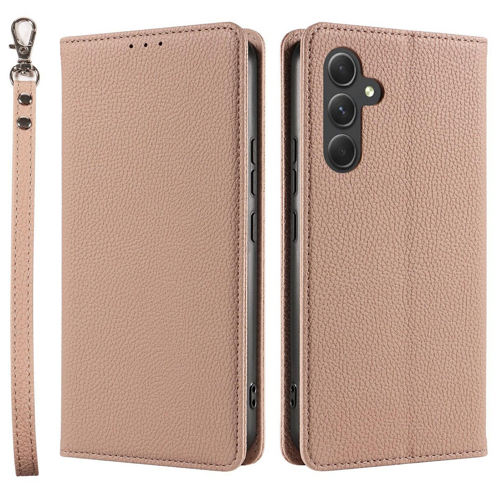 

For Samsung Galaxy S24 FE Case Magnetic Litchi Texture Wallet Leather Phone Cover with Wrist Strap Flesh Color