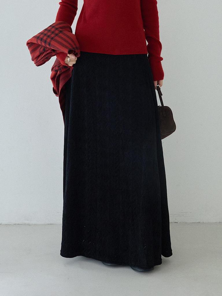 Koreanischer Stil Schwarzer texturierter High-Waist figurbetonter A-Linien-Strick-Midirock für Damen
