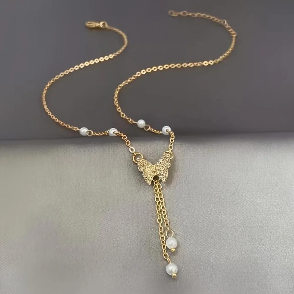Women Faux Pearl Butterfly Clavicle Chain Trendy Creative Necklace Elegant Party Wedding Banquet Fashion Jewelry