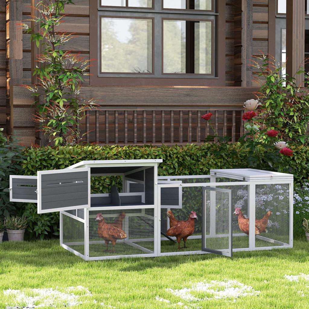 Fir Wood Chicken Coop with House, Nesting Box and Outdoor Area, 214x101x91.5 cm, Grey