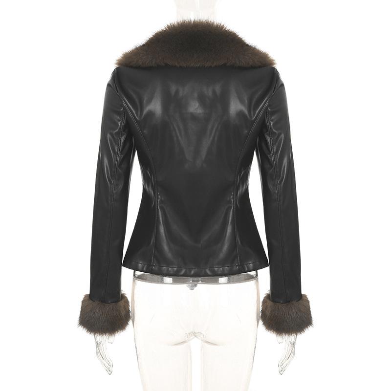 Podzimní a zimní dámský kožešinový límec Street Spice Style Volná kožená bunda Cardigan