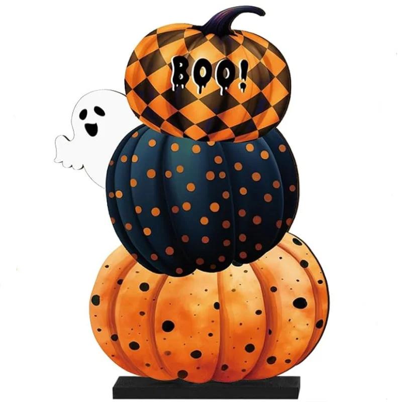 6pcs Halloween Pumpkin Wooden Ornaments Set with Bases Pumpkins for Tabletop Display & Enchanting Party Scene Decoration