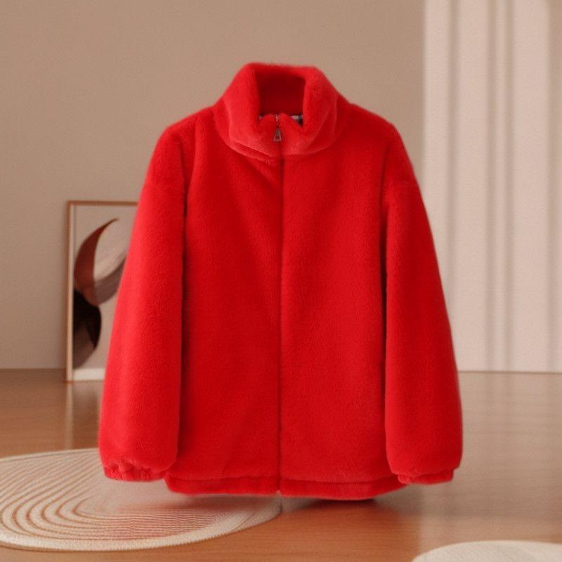 Women's Coral Fleece Jacket Autumn Winter Loose Warm Plush Jacket Stand Collar Thick Cotton Plush Jacket