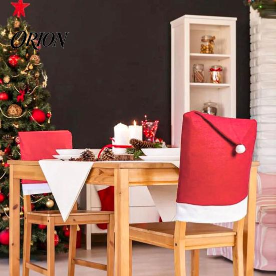 Elastic Non-woven Chair Protectors Christmas Cover, Red Santa Hat Dining Slipcover, Holiday Back Decorations Cover with Pom for Xmas Kitchen